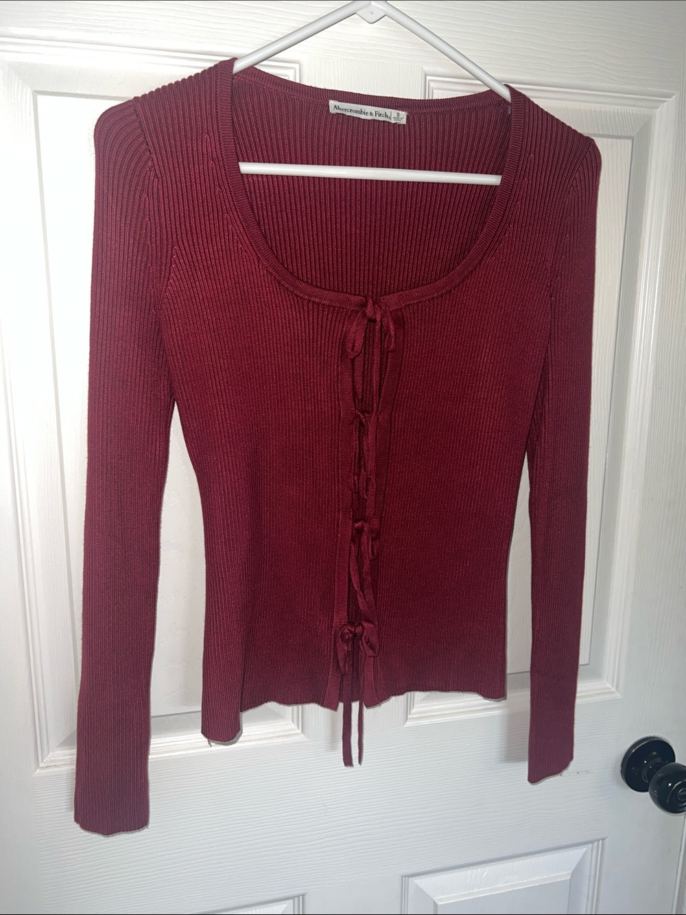 NWOT Abercrombie & Fitch Women's Deep Red Ribbed Tie-Front Long Sleeve Top